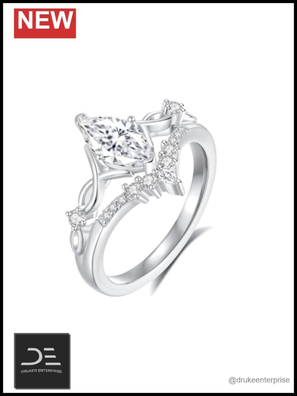 1ct Marquise Moissanite Engagement Ring 18K White Gold Plated S925 Sterling